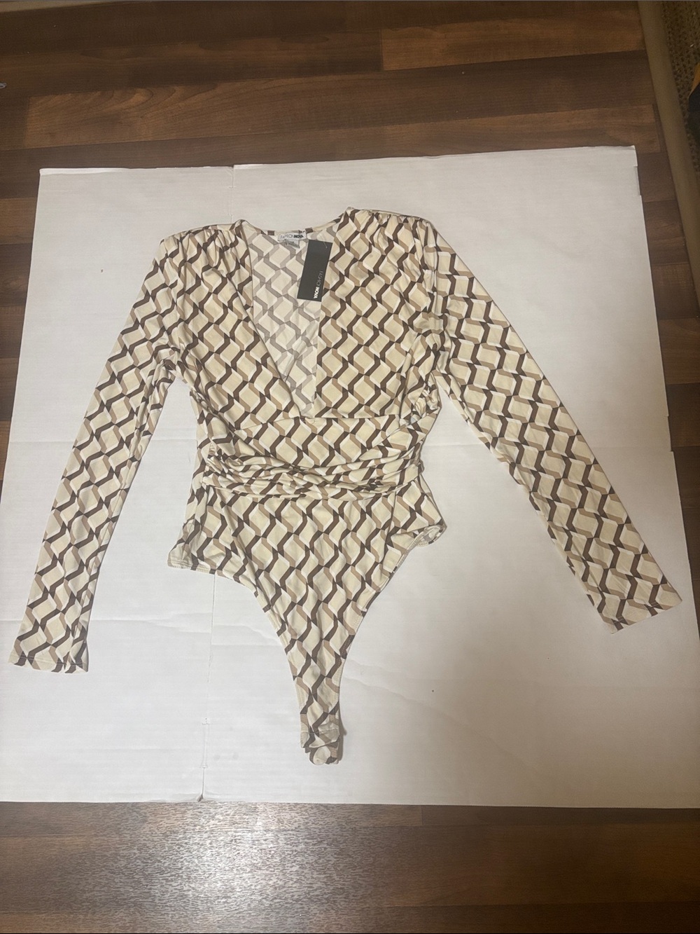 Fashion Nova Esmina Geometric Print Long-Sleeve Wrap Bodysuit - Cream & Brown 1X